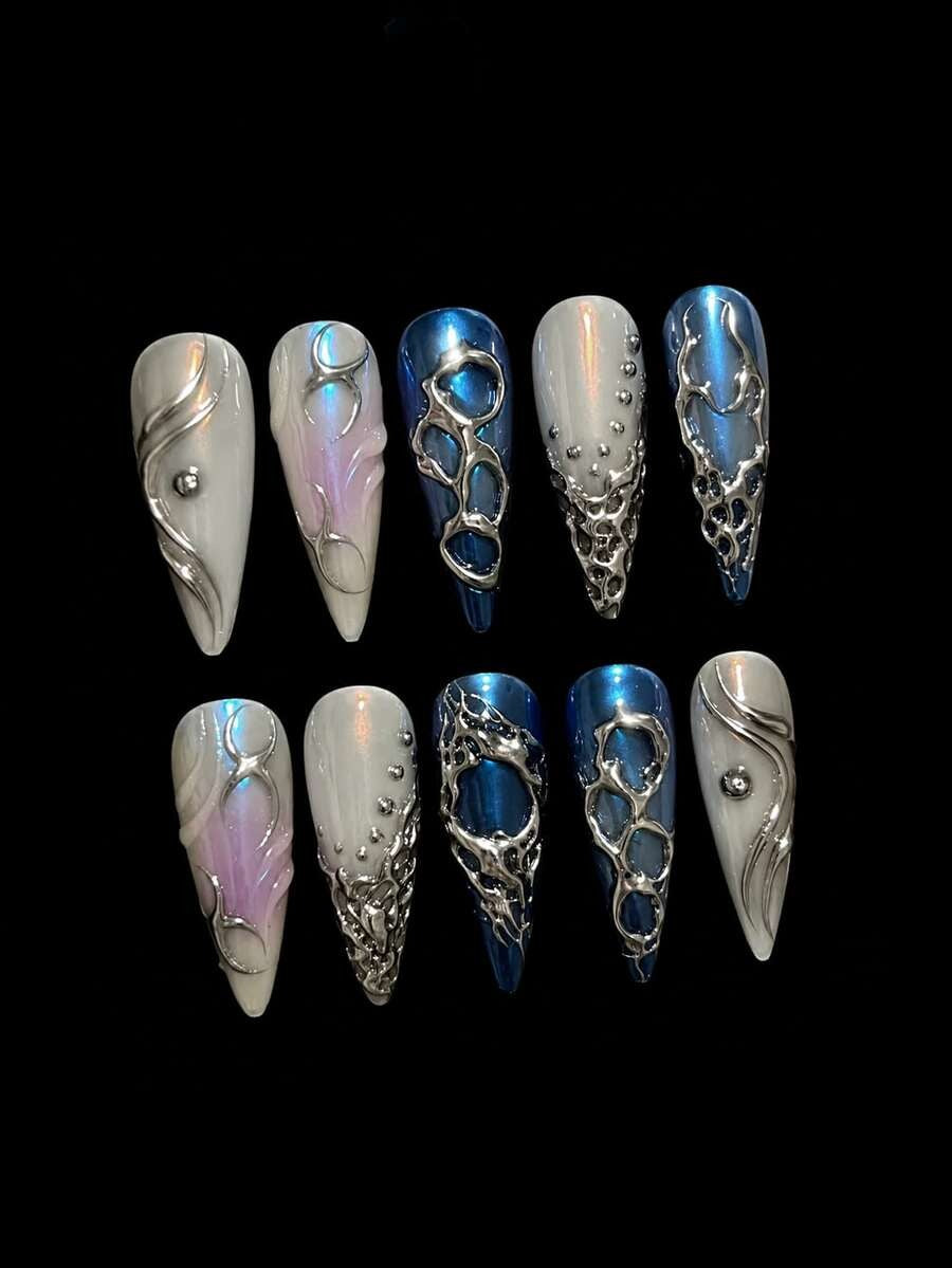 Mercury Rain press-on nails styled on hand