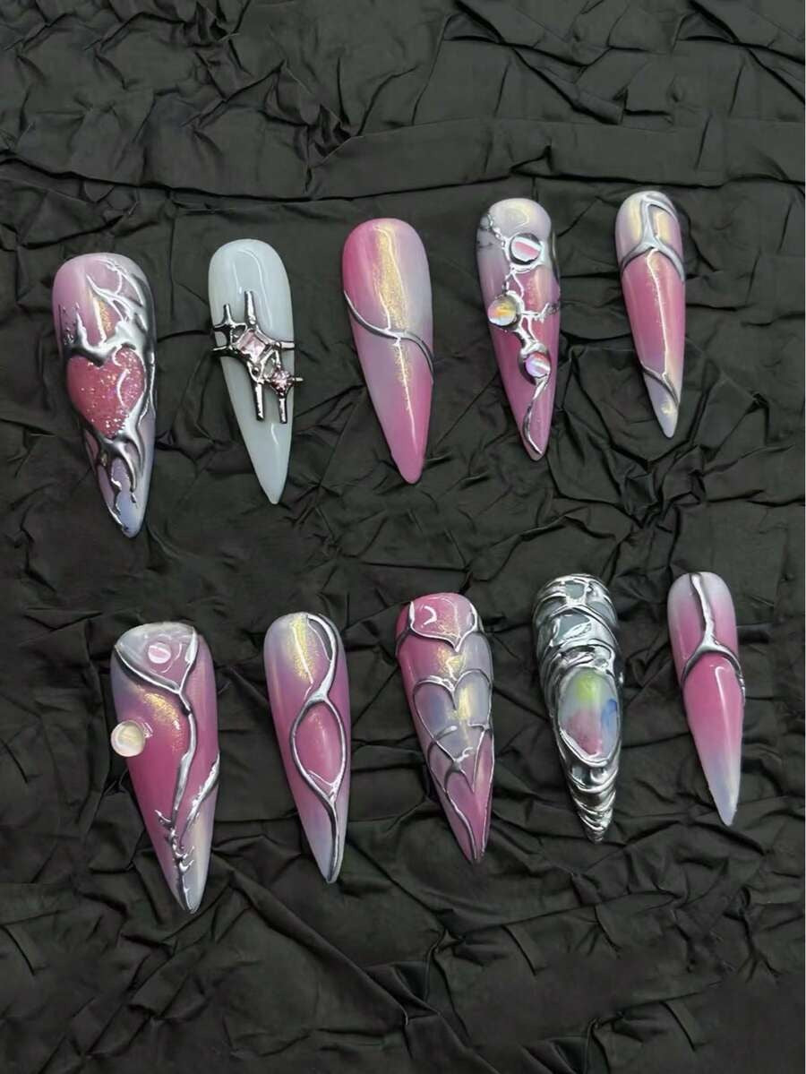 Pastel cat-eye stiletto press-on nails, full set