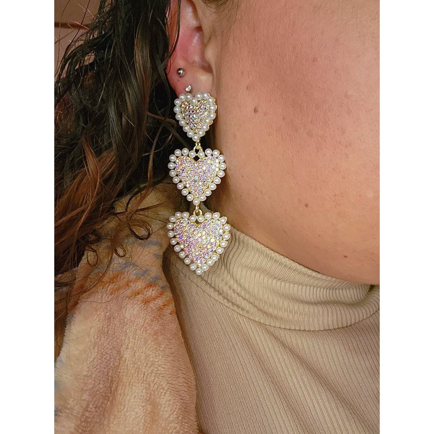 Glitterglam Heart Tiered Earrings - Rhinestone Tassel Drops