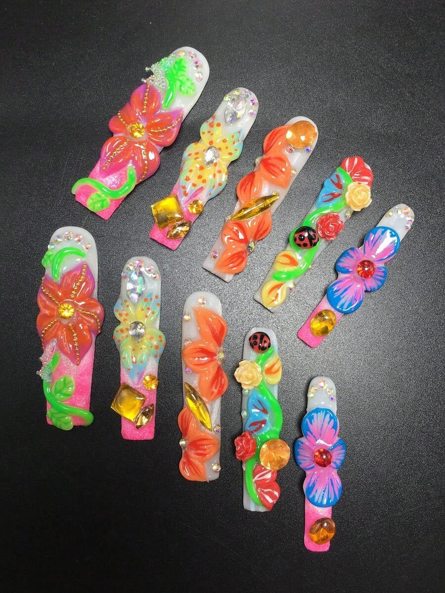 Maximalist floral coffin press-on nails with citrine gems and rhinestones
