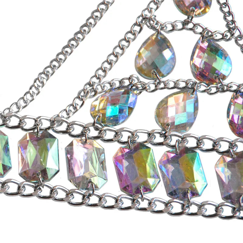 Close up of the iridescent faceted stones and chain links