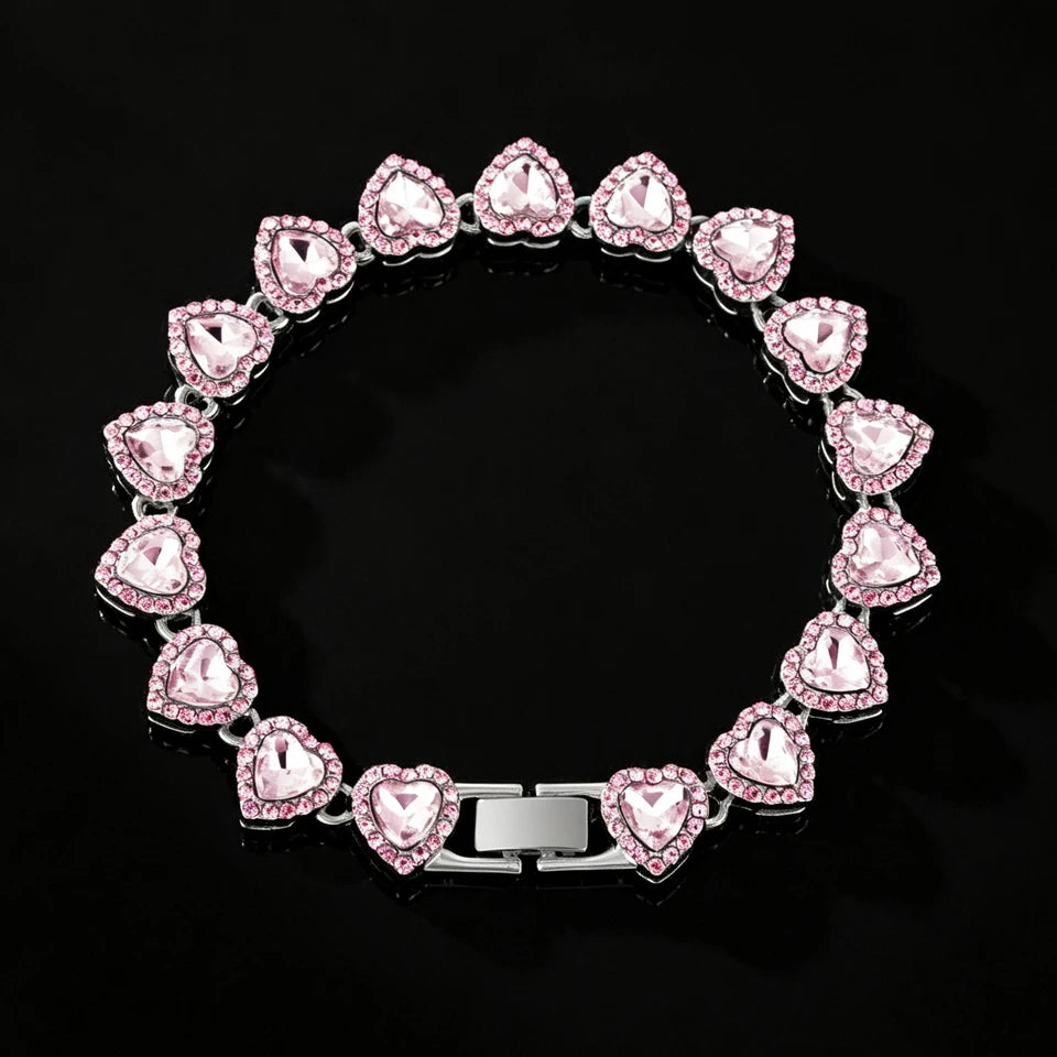 Pink on Chrome heart tennis bracelet