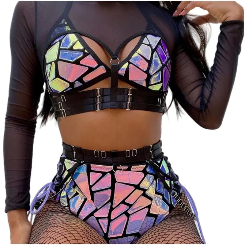 Mirrored bra and high waist lace-up shorts with harness belt