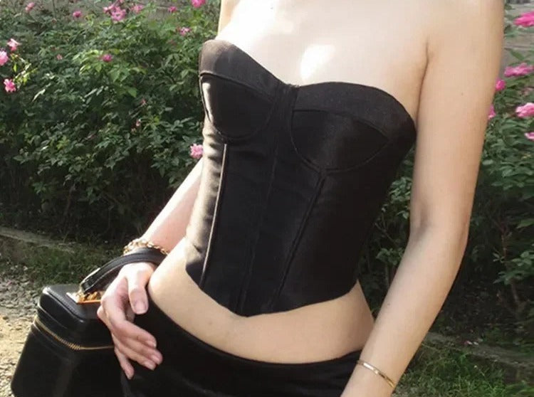 Black satin strapless bustier with structured seamed cups