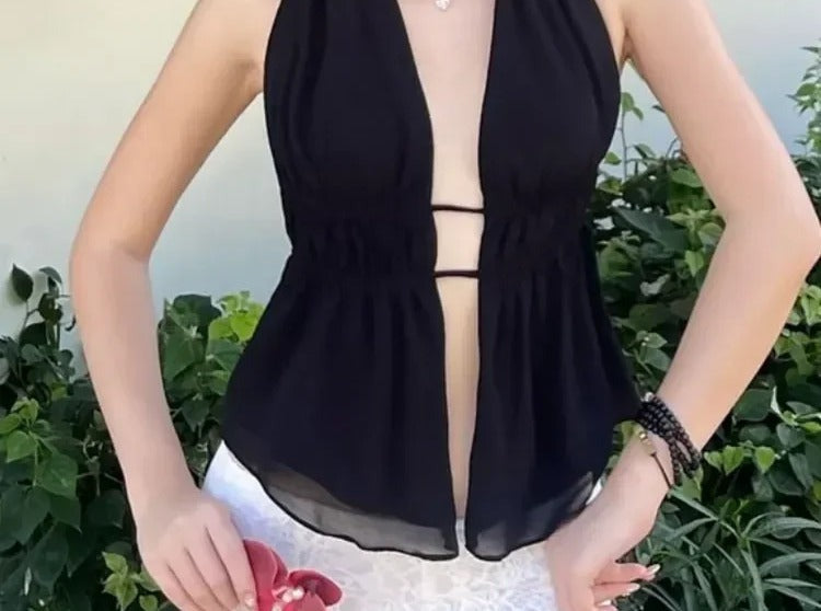 Black sheer chiffon open front halter top with peplum flare