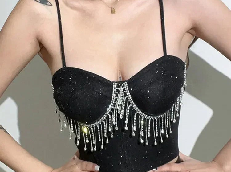 Black glitter bustier with rhinestone fringe under the bust
