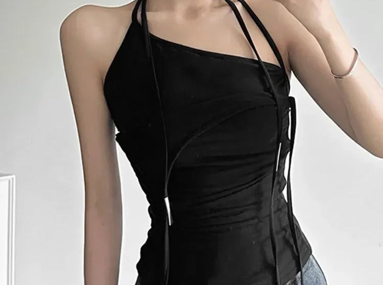 Black asymmetric cami with double straps and side lace up