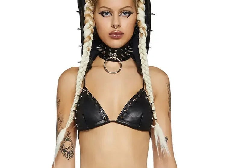 Black faux leather studded triangle bralette with lace up cups