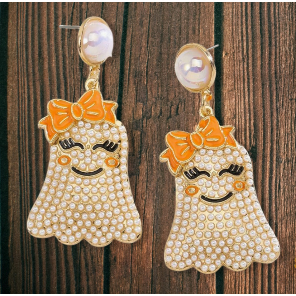 Boo with a Bow Earrings - Rhinestone Ghost Halloween Drops