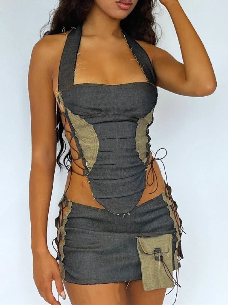 Y2K Rewind - lace-up denim halter and mini skirt set