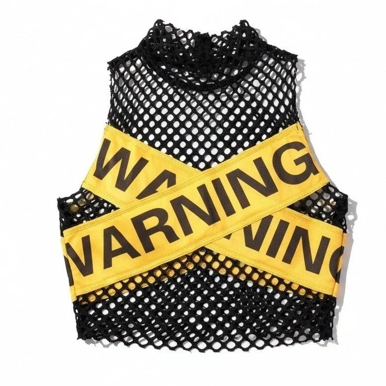 Darkwave - sheer warning tape mesh crop top
