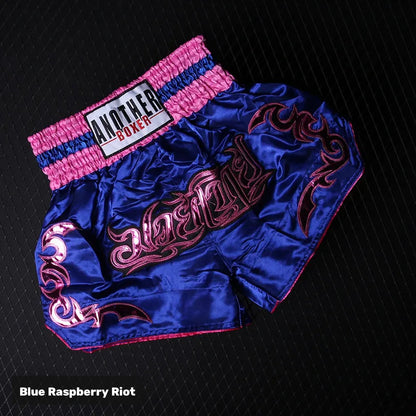 Blue Raspberry Riot embroidered satin Muay Thai shorts
