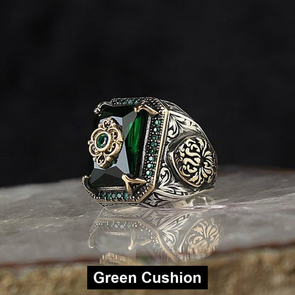 Green Cushion antiqued filigree signet ring