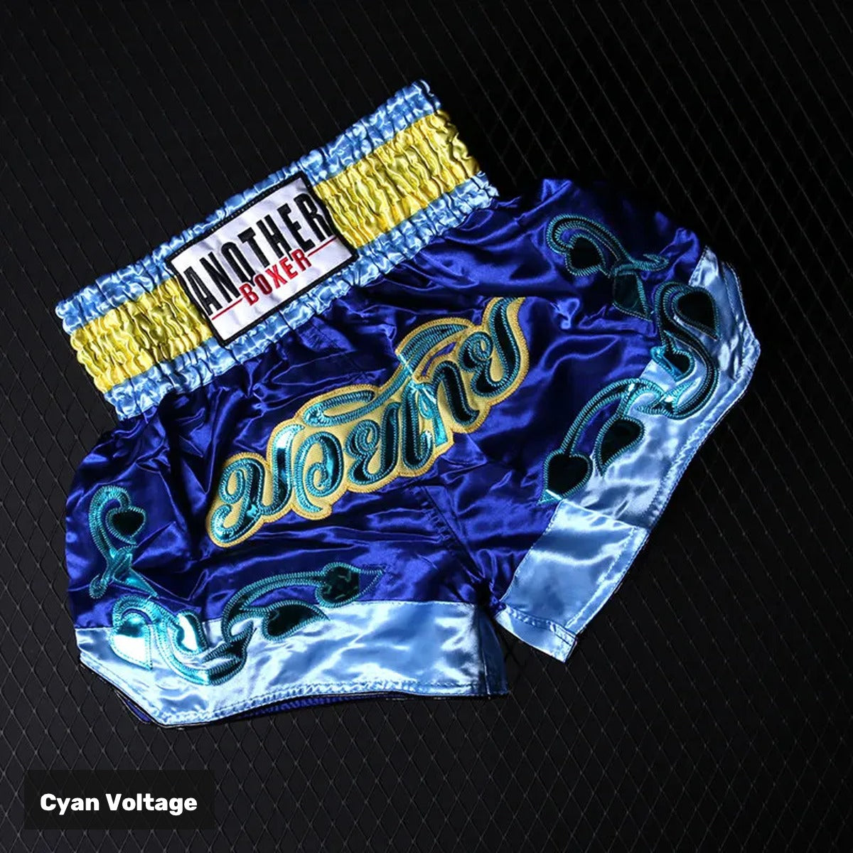 Cyan Voltage embroidered satin Muay Thai shorts