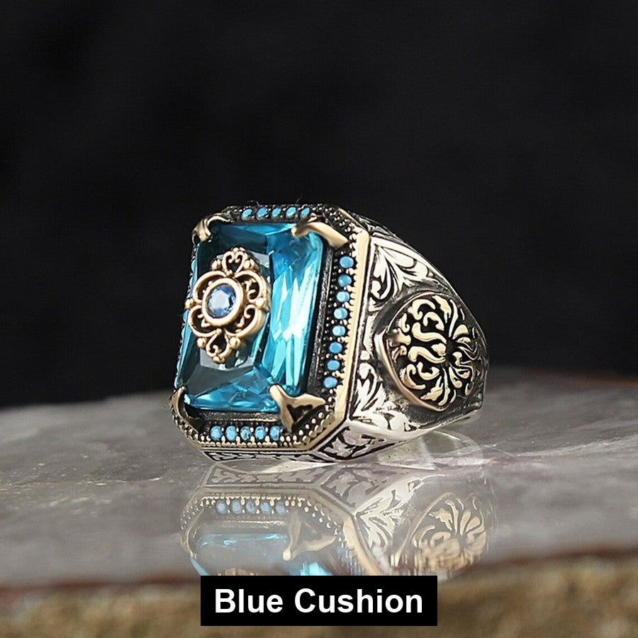 Blue Cushion antiqued filigree signet ring