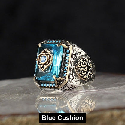 Blue Cushion antiqued filigree signet ring