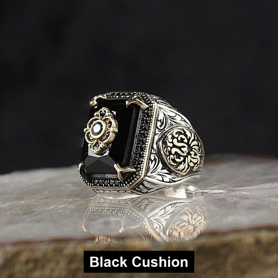 Black Cushion antiqued filigree signet ring