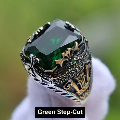 Green Step-Cut antiqued filigree signet ring