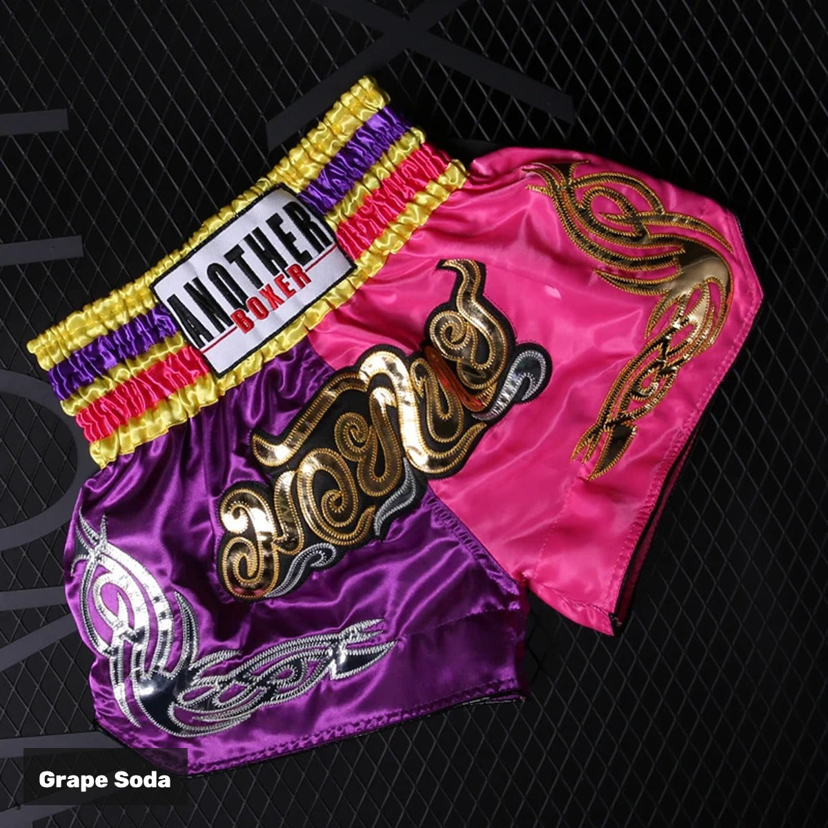 Grape Soda embroidered satin Muay Thai shorts