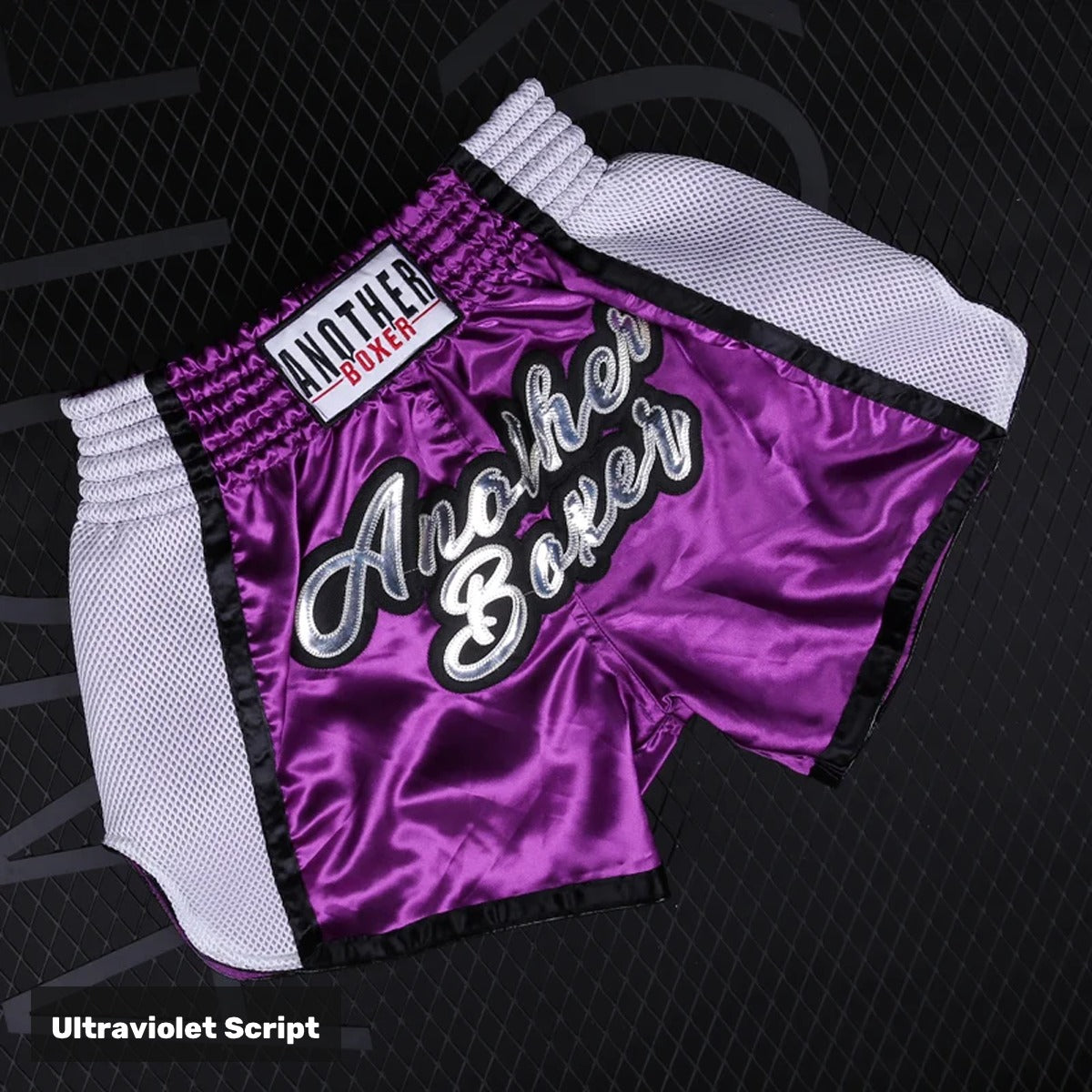 Ultraviolet Script embroidered satin Muay Thai shorts