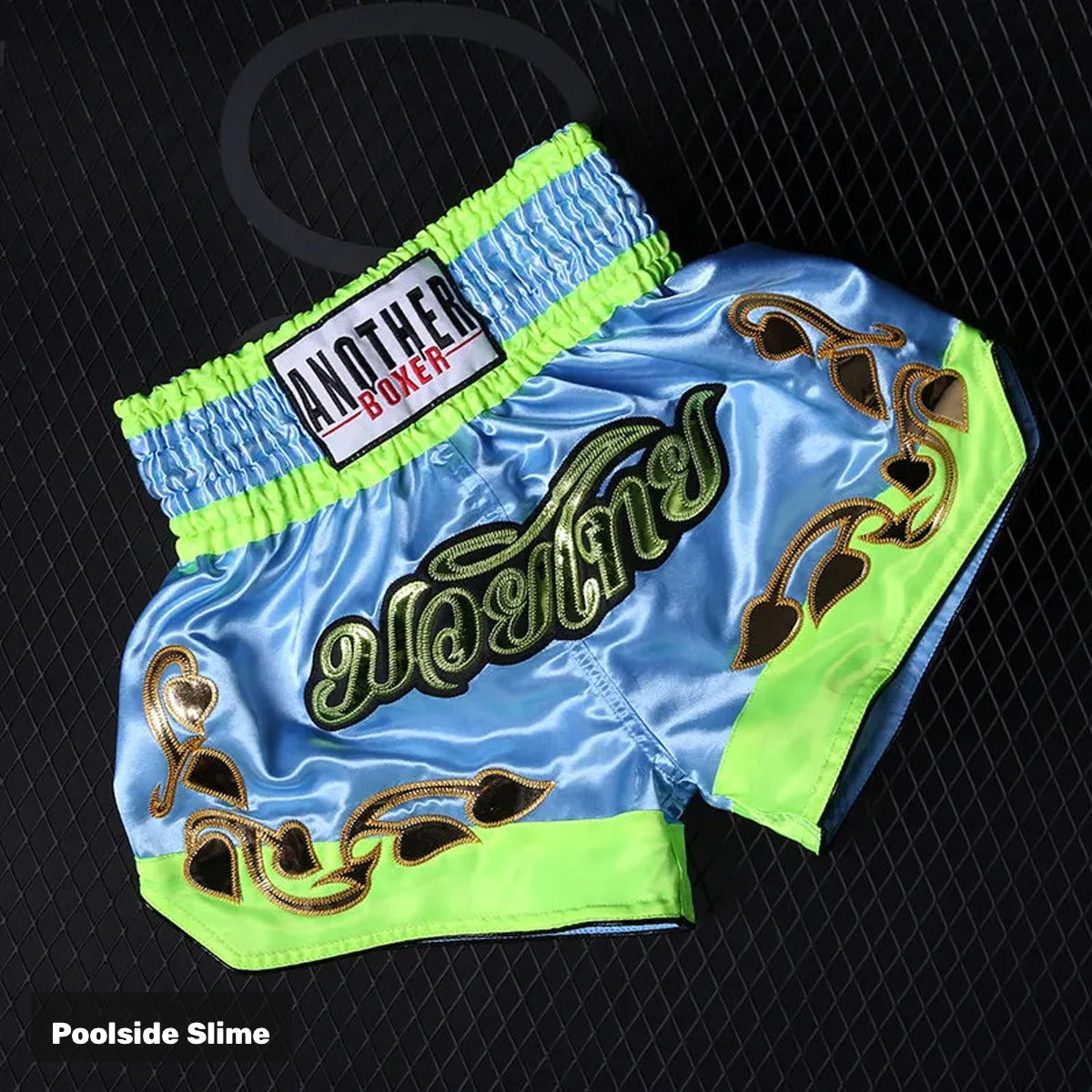 Poolside Slime embroidered satin Muay Thai shorts