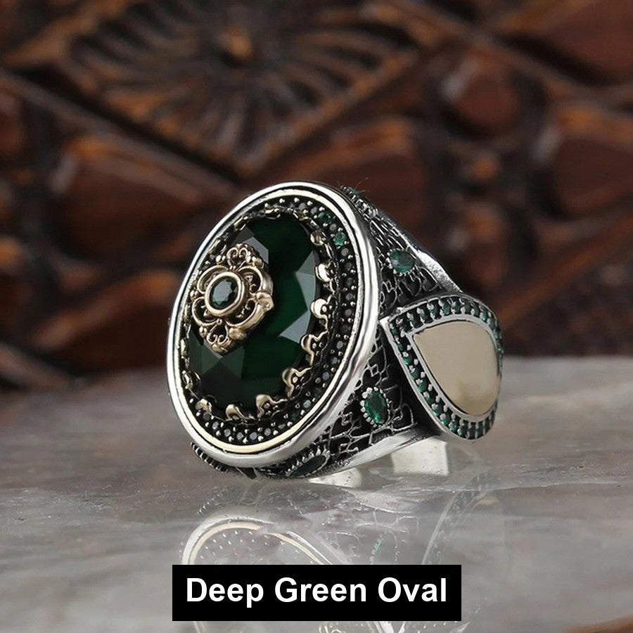 Deep Green Oval antiqued filigree signet ring
