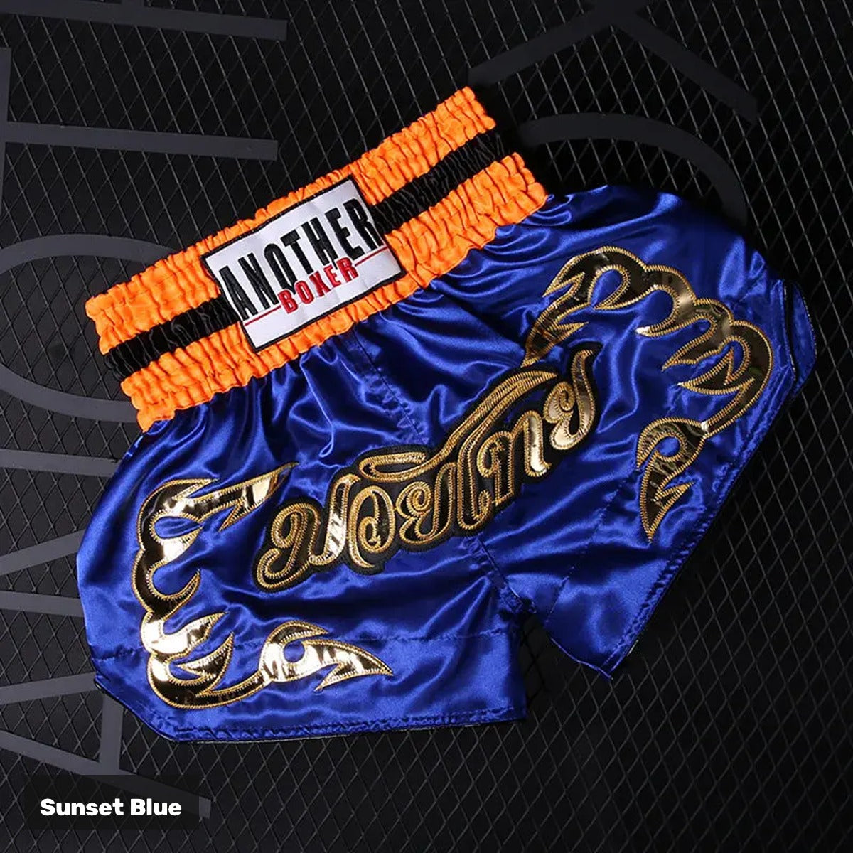 Sunset Blue embroidered satin Muay Thai shorts