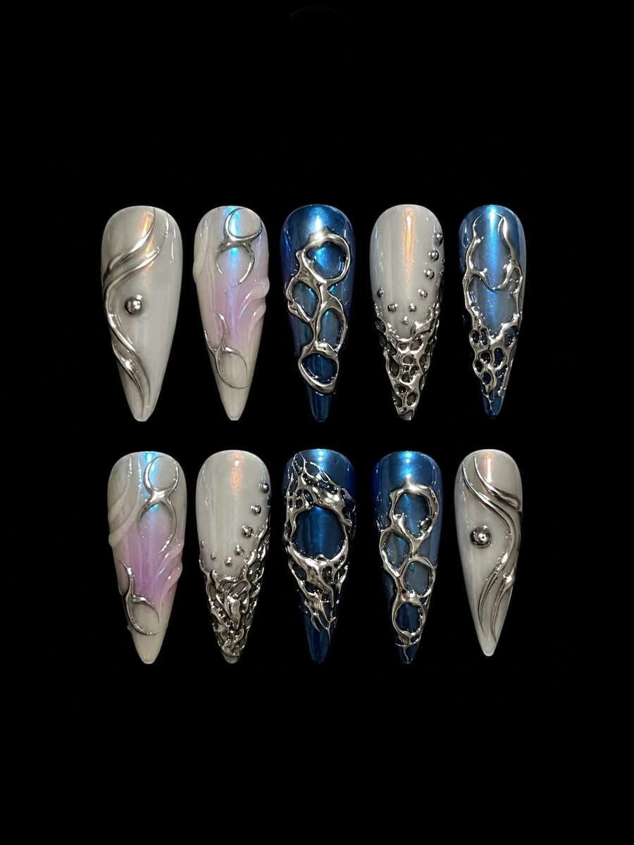 Mercury Rain liquid chrome silver and ice blue long almond press-on nails