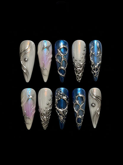 Mercury Rain liquid chrome silver and ice blue long almond press-on nails