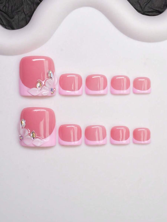 Pink French tip short square press-on toenails with 3D petal flower and crystals
