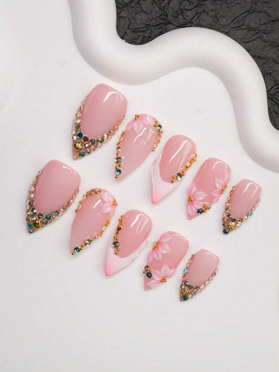 Pink French tip press-on nails with crystals, full set