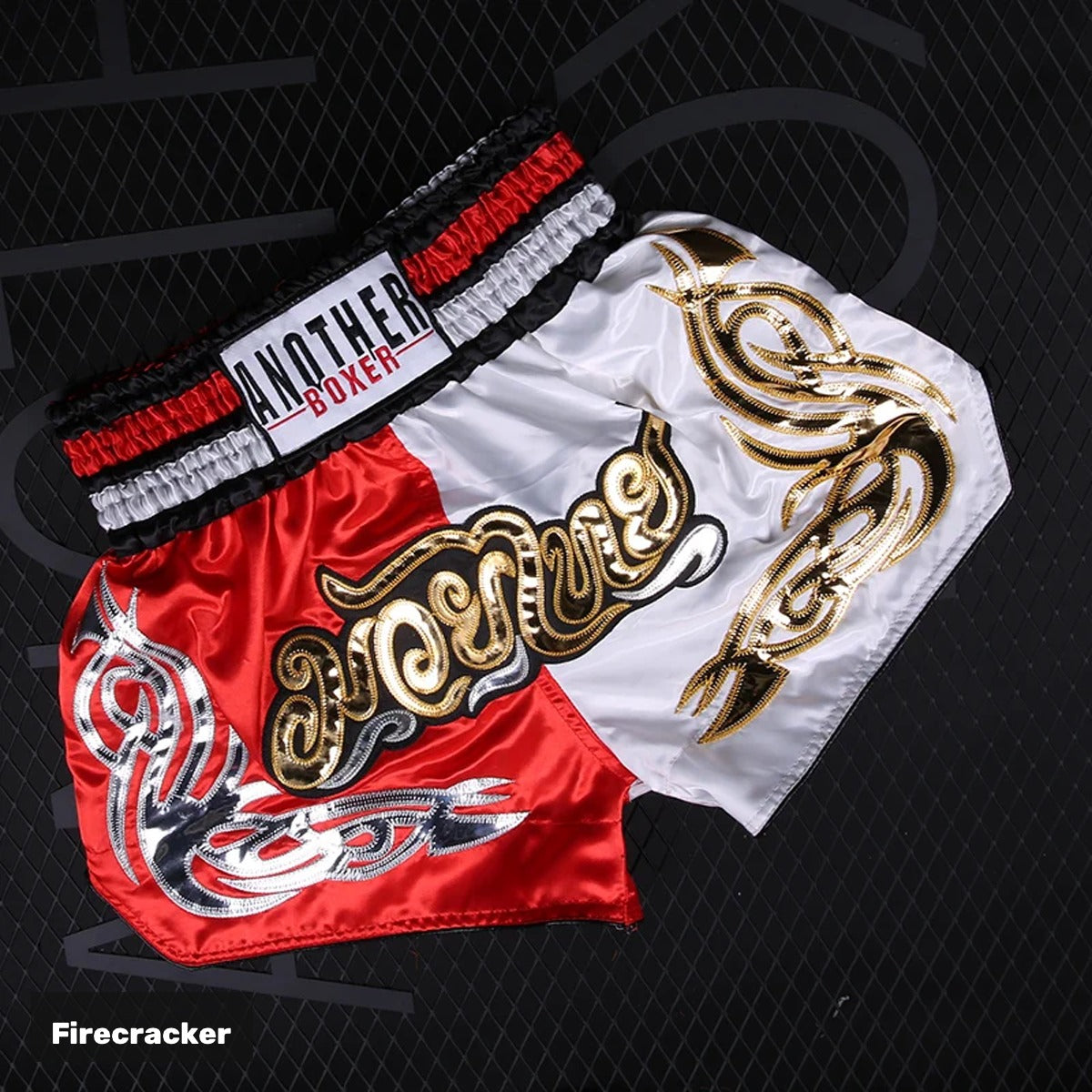 Firecracker embroidered satin Muay Thai shorts