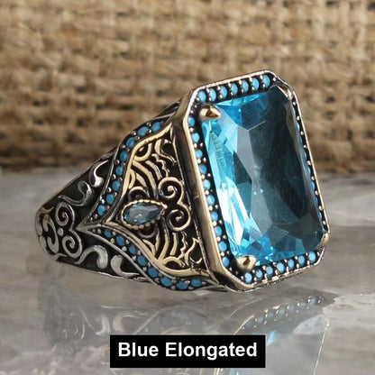 Blue Elongated antiqued filigree signet ring