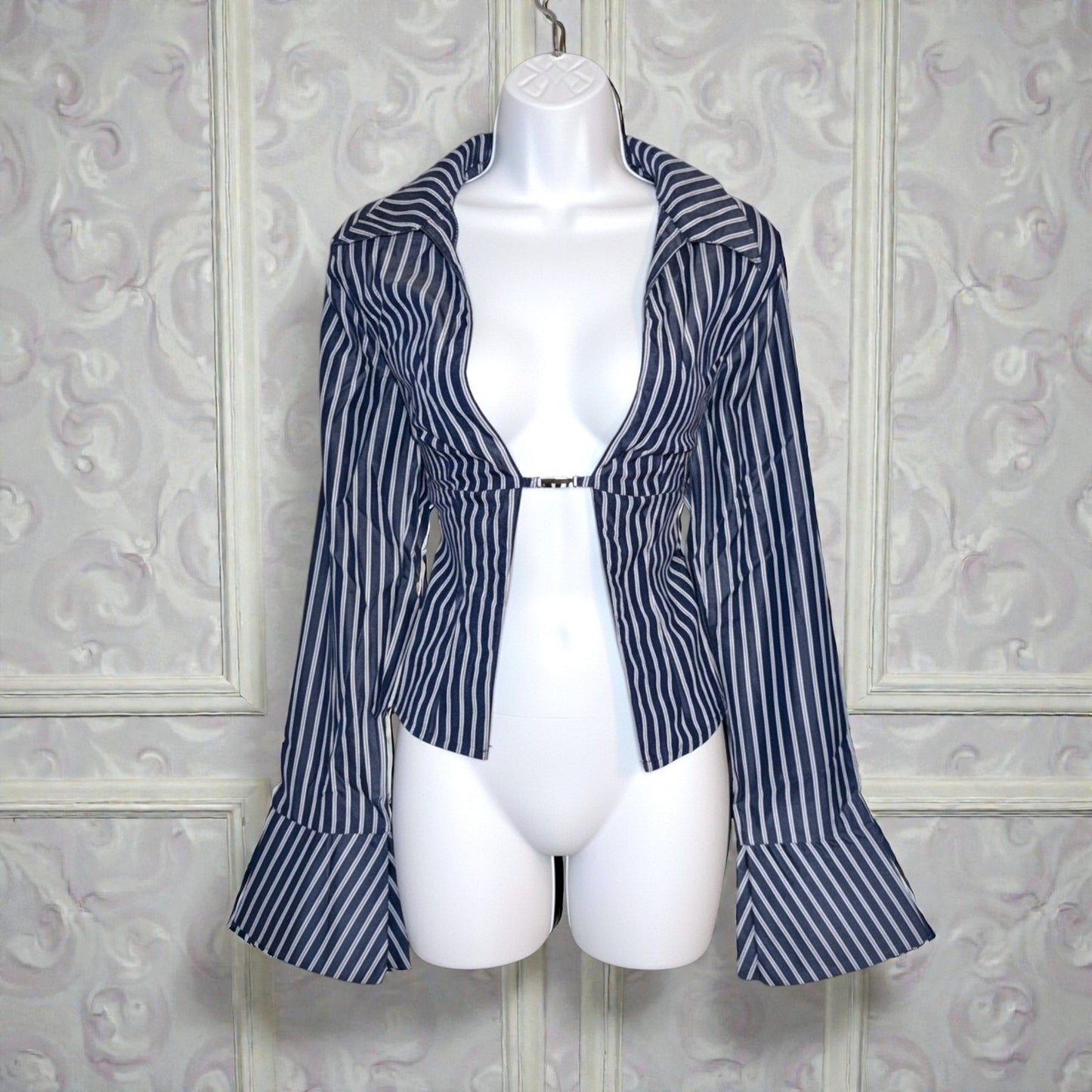 Allison Striped Bell Sleeve Open-Front Crop Top