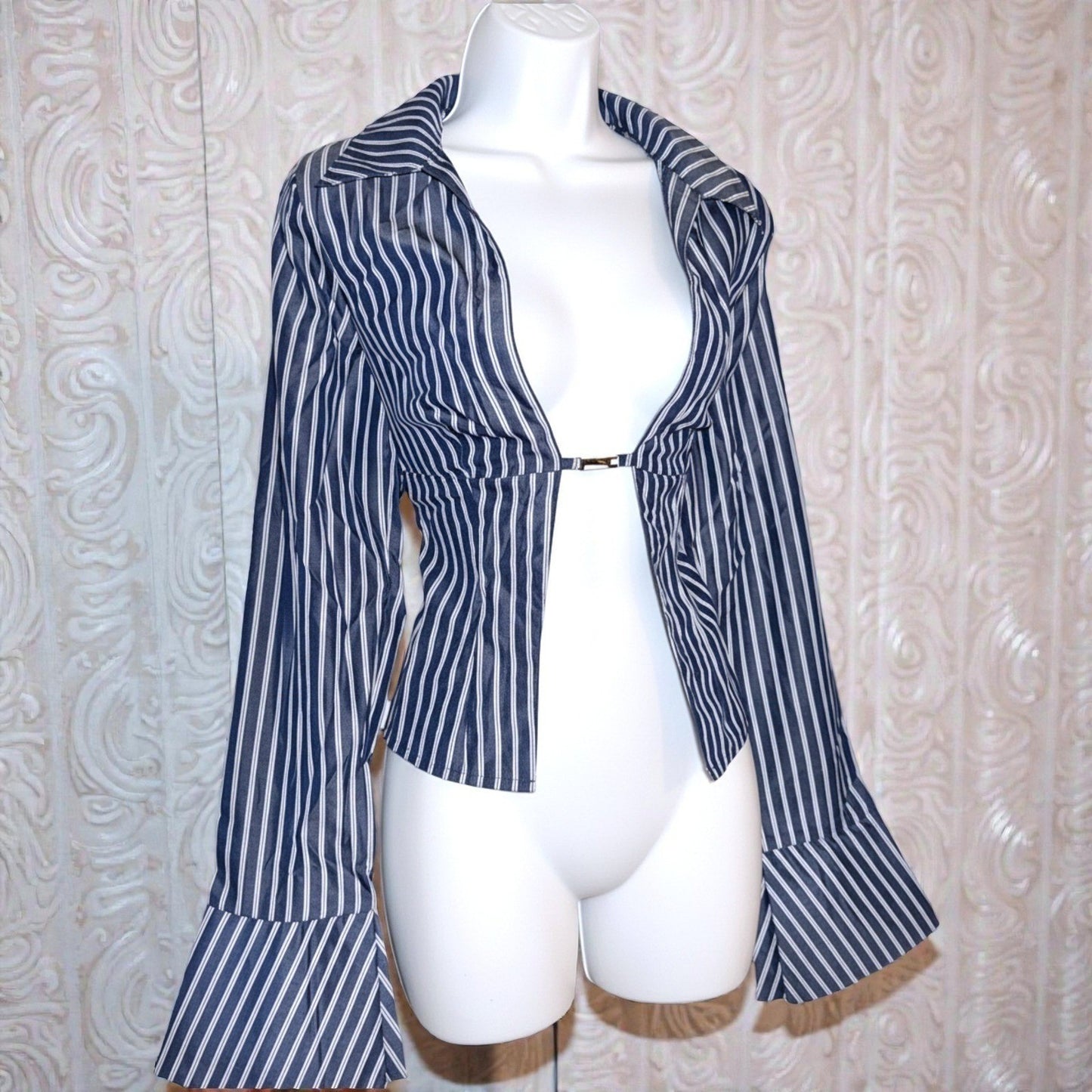 Allison Striped Bell Sleeve Open-Front Crop Top