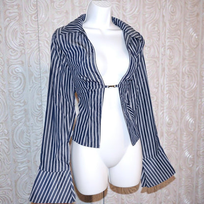 Allison Striped Bell Sleeve Open-Front Crop Top