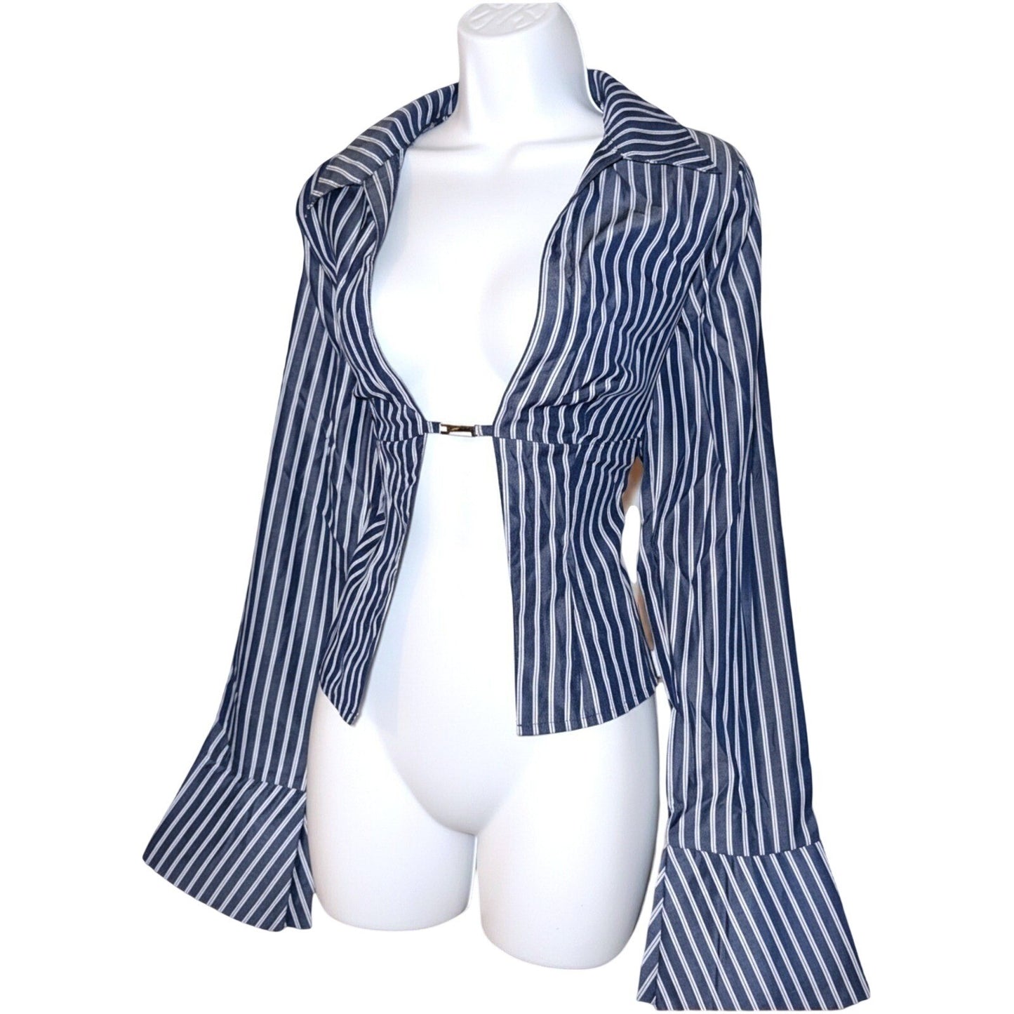 Allison Striped Bell Sleeve Open-Front Crop Top