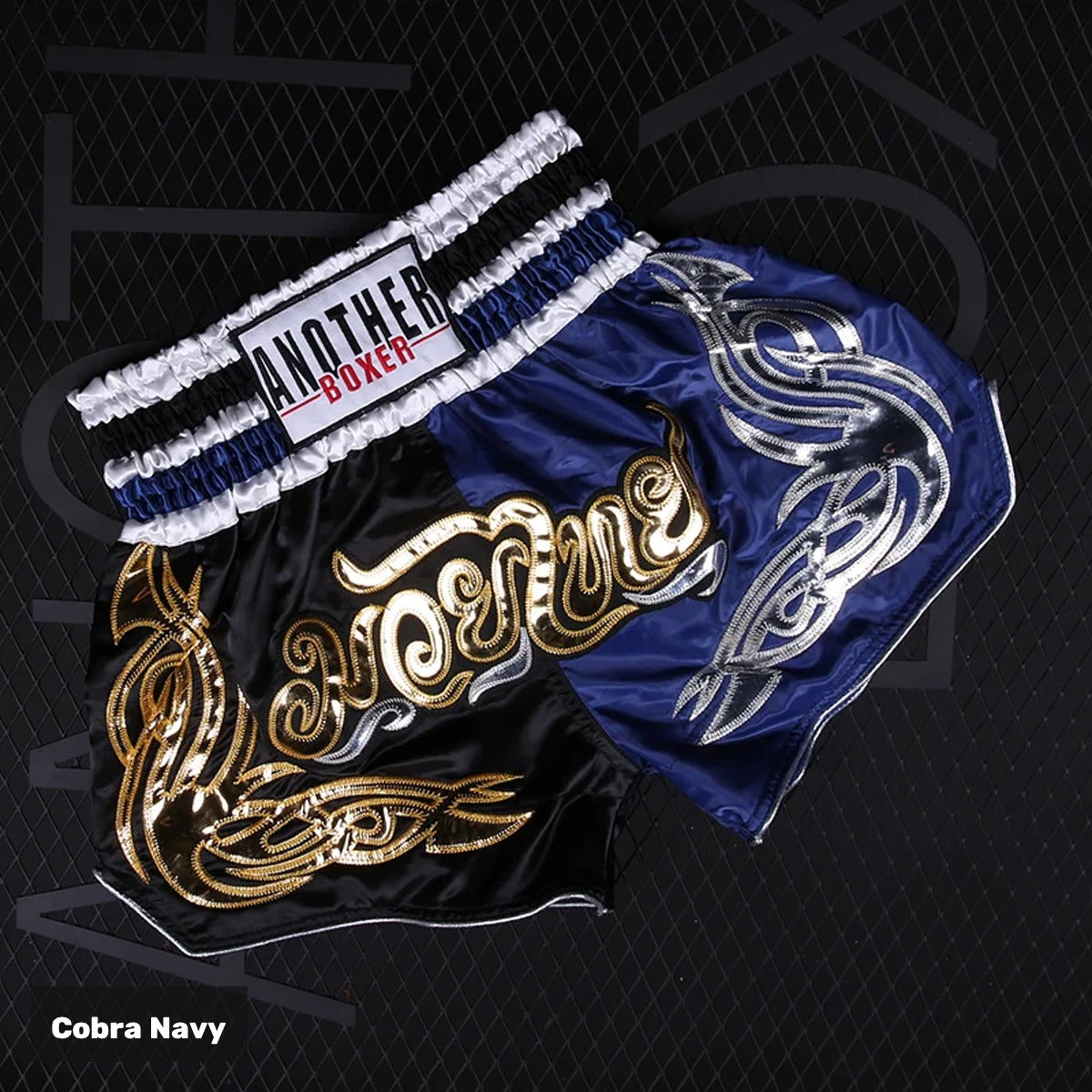 Cobra Navy embroidered satin Muay Thai shorts