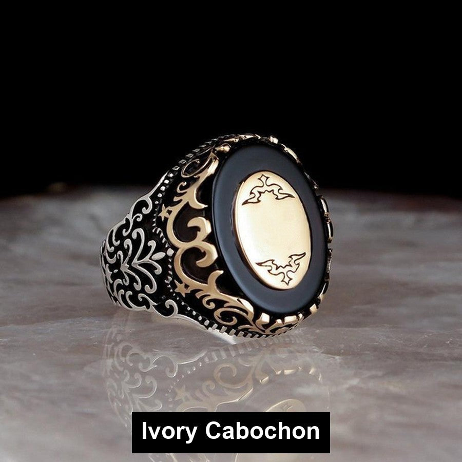 Ivory Cabochon antiqued filigree signet ring