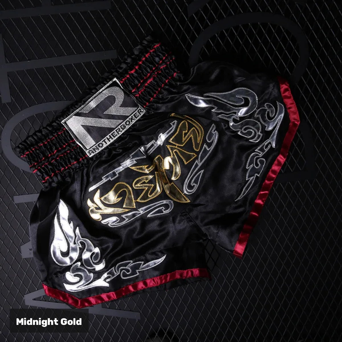Midnight Gold embroidered satin Muay Thai shorts