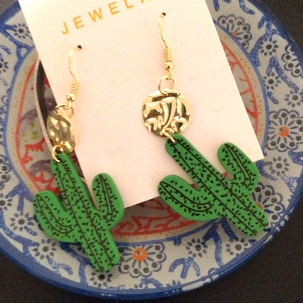 Golden Desert Cactus Dangle Earrings