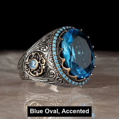 Blue Oval Accented antiqued filigree signet ring