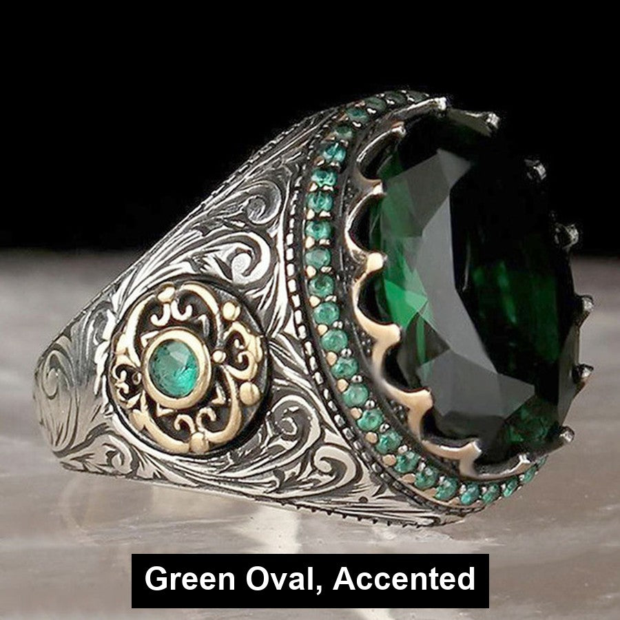 Green Oval Accented antiqued filigree signet ring