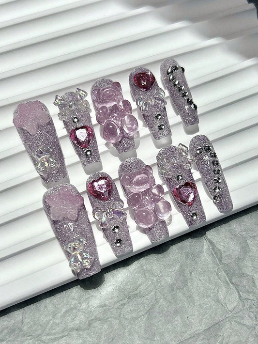 Strawberry Milk Bear long coffin press on nails in pink glitter with jelly bear charms