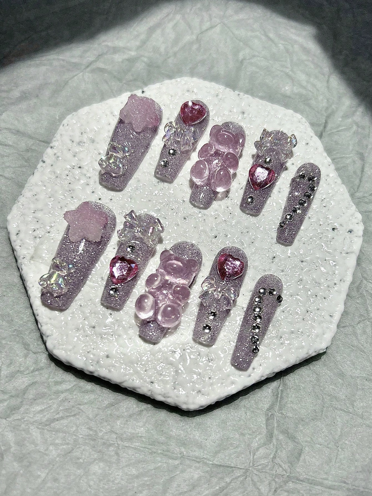 Strawberry Milk Bear press on nails with star charms and rhinestones
