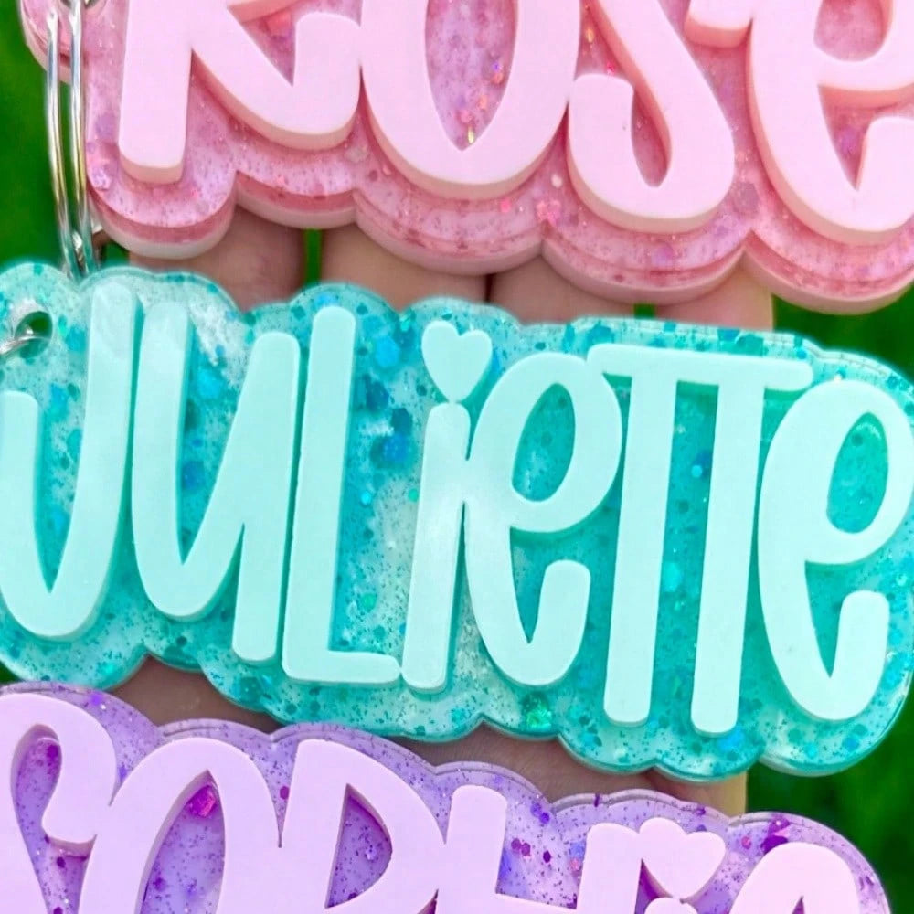 Teal glitter personalized name keychain macro detail