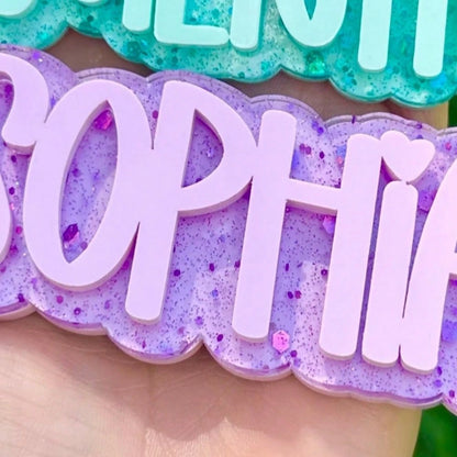 Purple glitter personalized name keychain macro detail