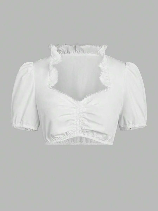 White cropped dirndl blouse - sweetheart front