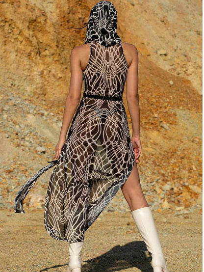 Bone print hooded maxi dress full length