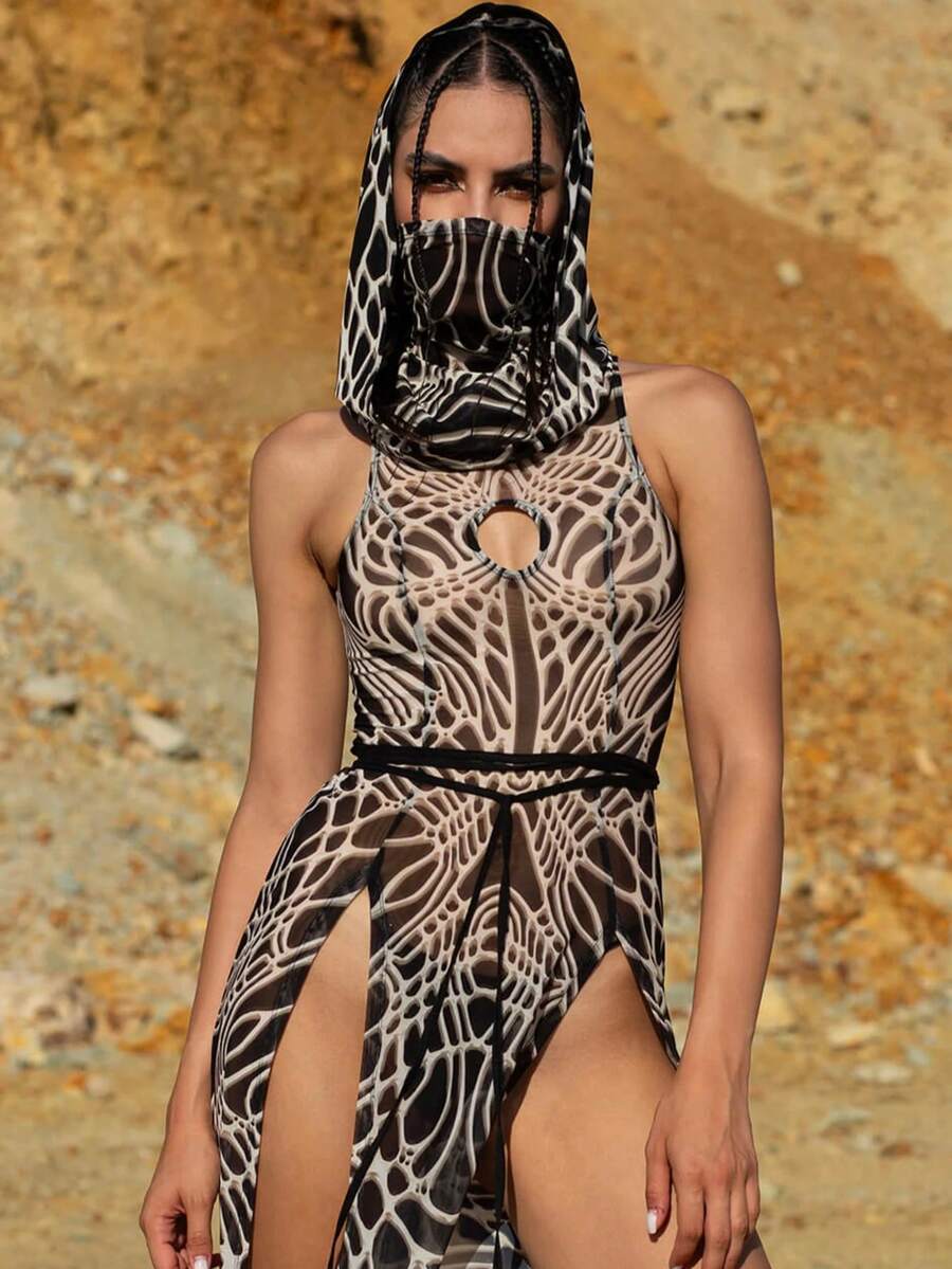 Bone print hooded maxi dress mesh detail